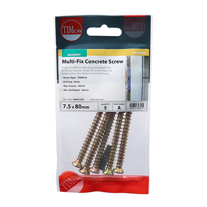 Concrete Screws  - TX - Flat Countersunk - Yellow - 7.5mm x 80mm (5 Pack)