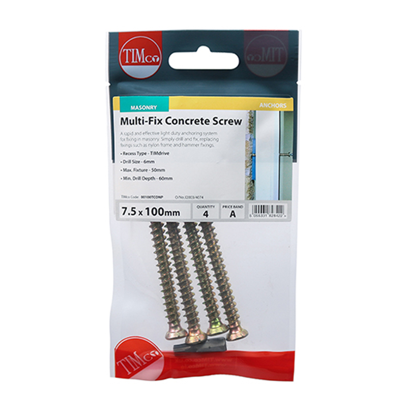 Concrete Screws  - TX - Flat Countersunk - Yellow - 7.5mm x 100mm (4 Pack)