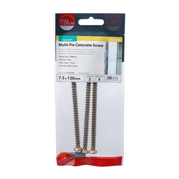 Concrete Screws  - TX - Flat Countersunk - Yellow - 7.5mm x 120mm (3 Pack)