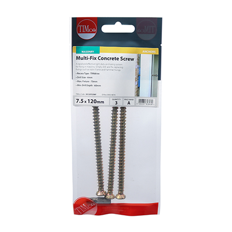 Concrete Screws  - TX - Flat Countersunk - Yellow - 7.5mm x 120mm (3 Pack)