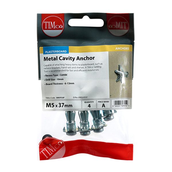 Metal Cavity Anchors - Zinc - 45mm Screw - M5 x 37mm (4 Pack)