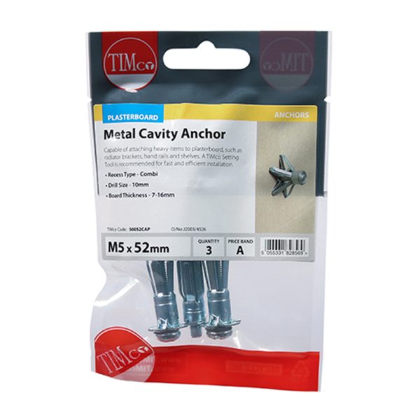 Metal Cavity Anchors - Zinc - 60mm Screw - M5 x 52mm (3 Pack)