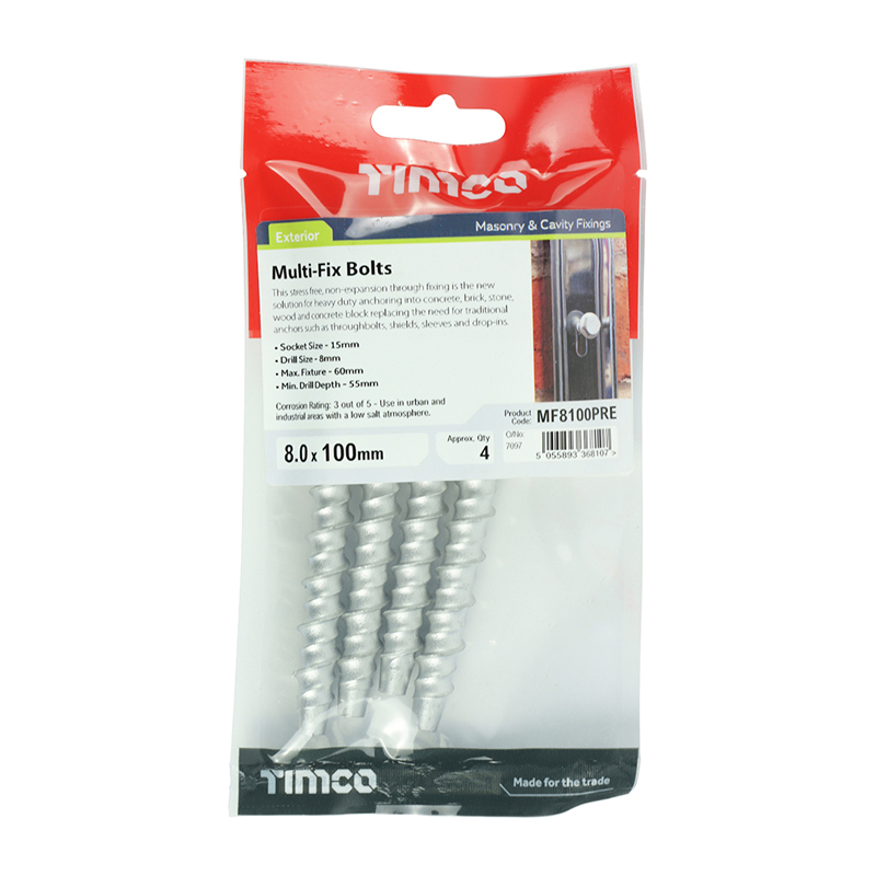 Masonry Bolts - Hex - Exterior - Silver - 8mm x 100mm (4 Pack)